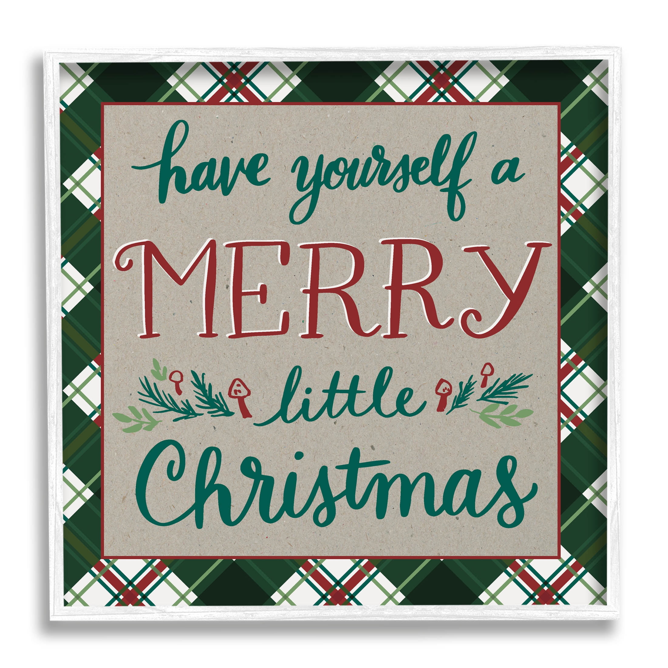 Merry Little Christmas Plaid Holiday Holiday Graphic Art White Framed Art Print Wall Art