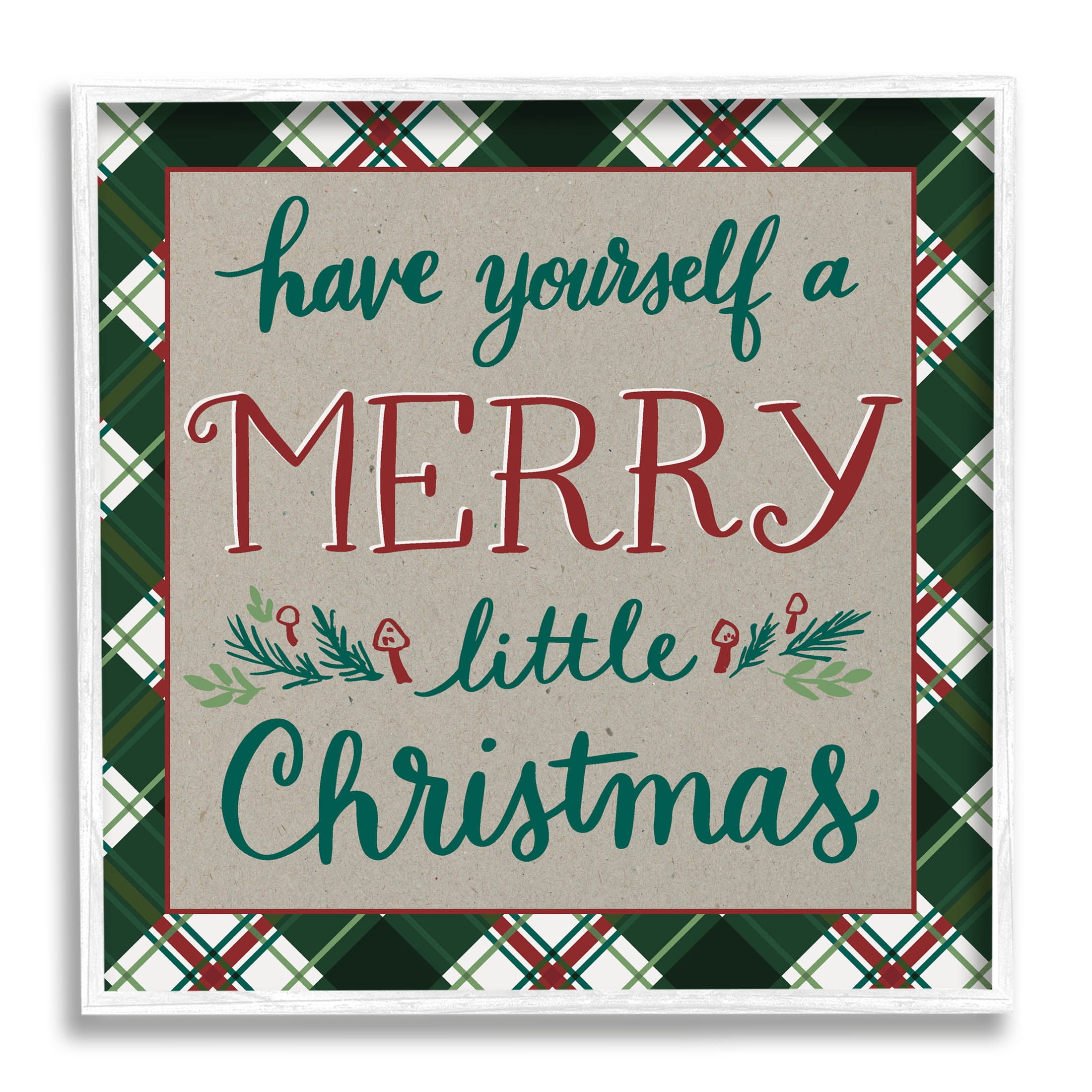 Merry Little Christmas Plaid Holiday Holiday Graphic Art White Framed Art Print Wall Art
