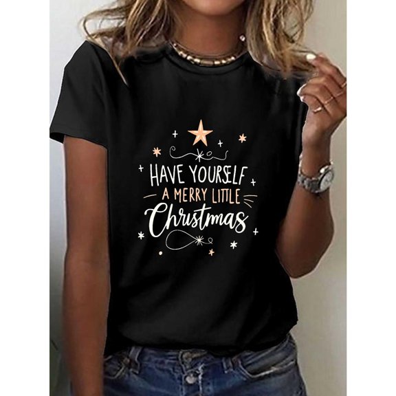 Merry Little Christmas Tee T Shirt Graphic Tops Have Yourself Typography Holiday Design Short Sleeve Black S-5XL