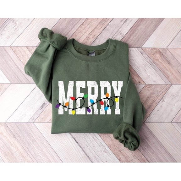 Merry Long Sleeve Christmas Lights Sweatshirt, Festive Winter Holiday Party Outfit, Matching Xmas, Unisex Adult