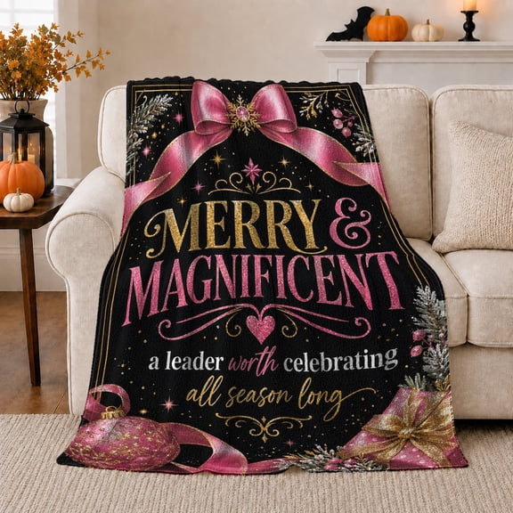 Merry Magnificent Leader Christmas Celebration Glamorous Pink Bow, Festive Holiday Scene, Warm Flannel Blanket for Living Room and Reading Nook, Art Lovers Christmas Gift, Festive Home Decor