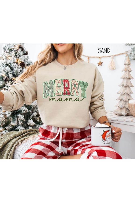 Merry Mama Christmas Sweatshirt, Holiday Mom Sweater, Gift for New Mom, Cute Christmas Crewneck, Festive Mama Shirt, Mama Claus Outfit SAND
