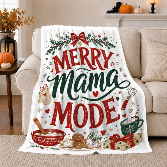 Merry Mama Mode Baking Scene Pine Presents Cheerful, Festive Holiday Scene, Warm Flannel Blanket for Living Room and Family Room, Art Lovers Valentine's Day Gift, Festive Home Decor