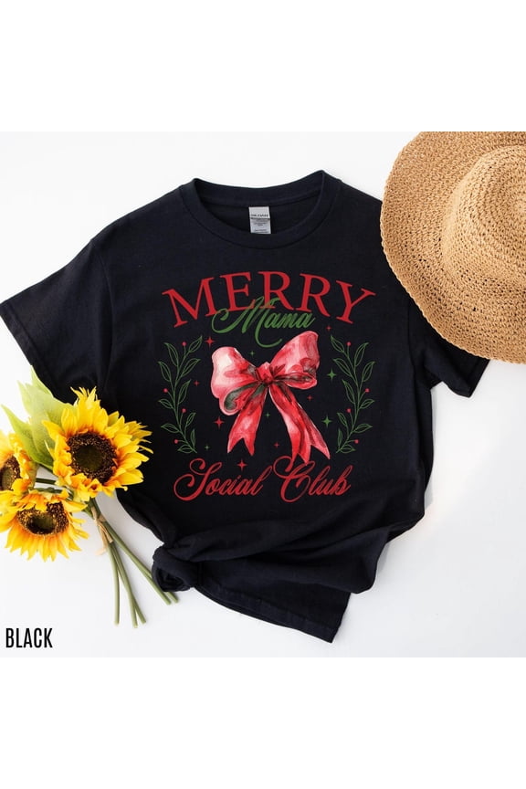 Merry Mama Social Club Season Bow Tee: Coquette Apparel, F4143