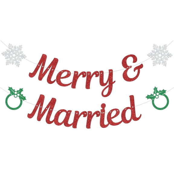 Merry & Married Banner Christmas Wedding Party Decoration Couples First Christmas Engagement Bridal Shower Decoration Red Glitter