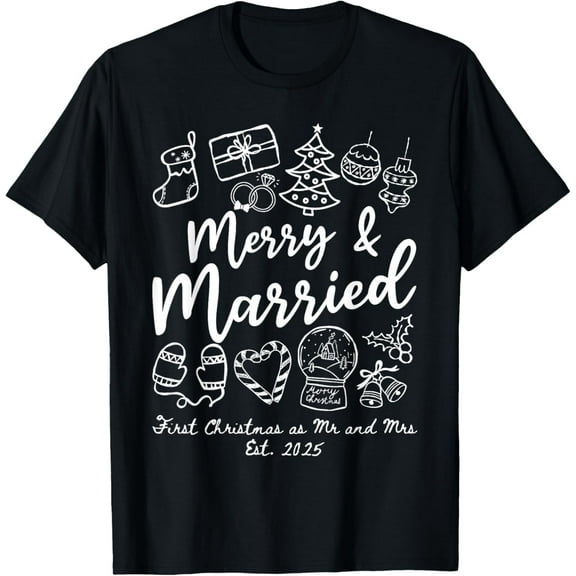 Merry Married First Christmas as Mr and Mrs 2025 Newlyweds T-Shirt