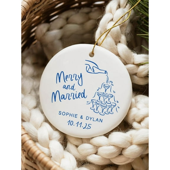 Merry & Married Modern Christmas Ornament Wedding Gift, First Christmas Gift for Bride Custom Ornament, Personalized Wedding Gift for Couple