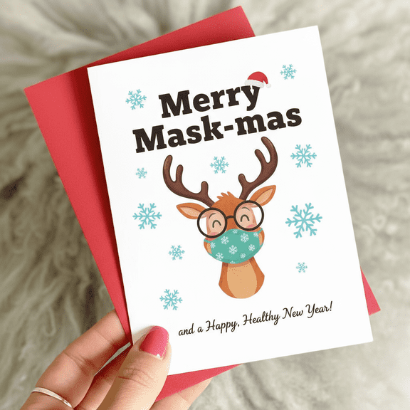Merry Mask-mas Card Festive Reindeer Wearing a Mask Blank Inside with Red Envelope Perfect for Holiday Greetings and New Year Wishes