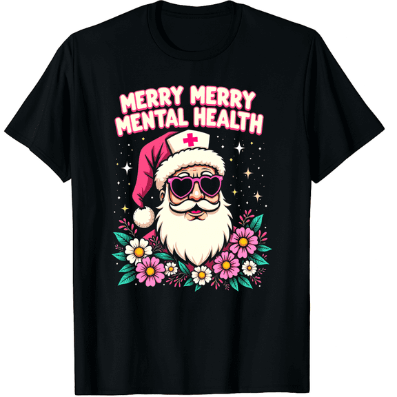 Merry Mental Health Christmas Retro Pink Mental Health Graphic Black T-Shirt for Men and Women