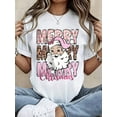 thumbnail image 1 of Merry Merry Christmas Santa Claus Leopard Print Women's Black T-Shirt Funny Holiday Sweater Xmas Gift Top For Women, 1 of 6