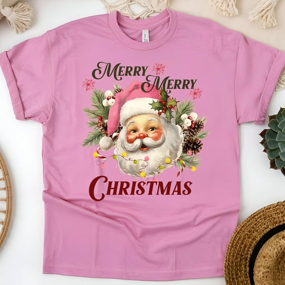 Merry Merry Christmas T-Shirt | Vintage Santa Claus Holiday Tee, Azalea, Size L