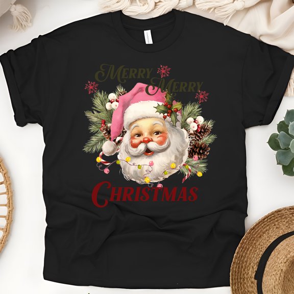 Merry Merry Christmas T-Shirt | Vintage Santa Claus Holiday Tee, Black, Size L
