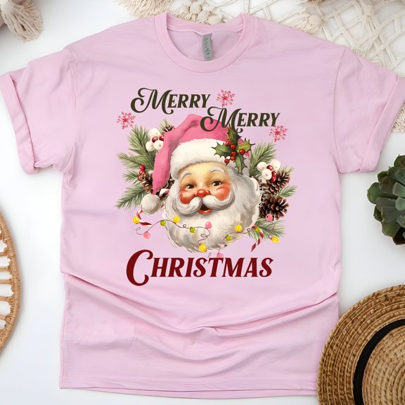 Merry Merry Christmas T-Shirt | Vintage Santa Claus Holiday Tee, Light Pink, Size 2XL