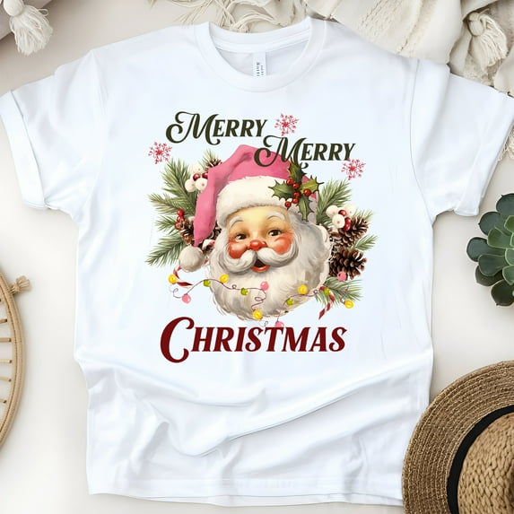 Merry Merry Christmas T-Shirt | Vintage Santa Claus Holiday Tee, White, Size L