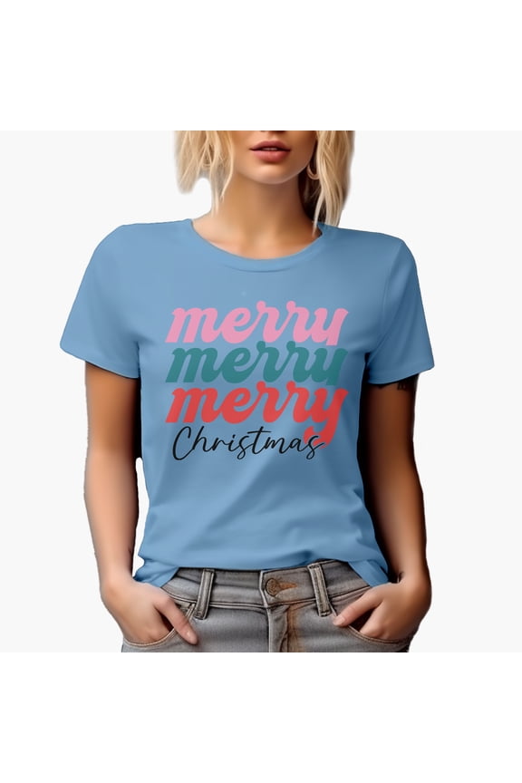 Merry Merry Merry Christmas Merch Gift, Baby Blue T-Shirt, Medium