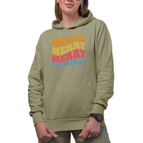 Merry, Merry, Merry Christmas Themed, Groovy Retro Wavy Text Merch Gift, Sand Hooded Sweatshirt or Hoodie, Small