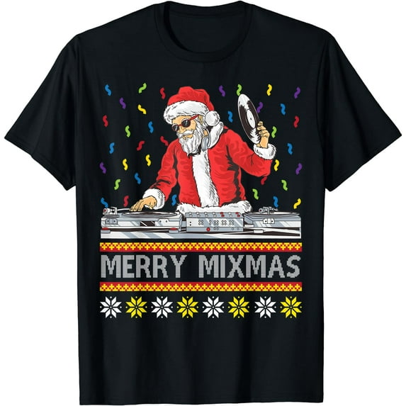 Merry Mixmas Funny Christmas Dj Hip Hop Music Party Ugly Fun T-Shirt Black Large