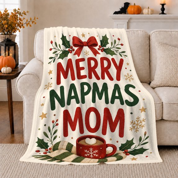 Merry Napmas Mom Christmas Nap Design Red Mug, Playful Festive Scene, Warm Flannel Blanket for Living Room and Family Room, Beach Lovers Christmas Gift, Festive Home Decor