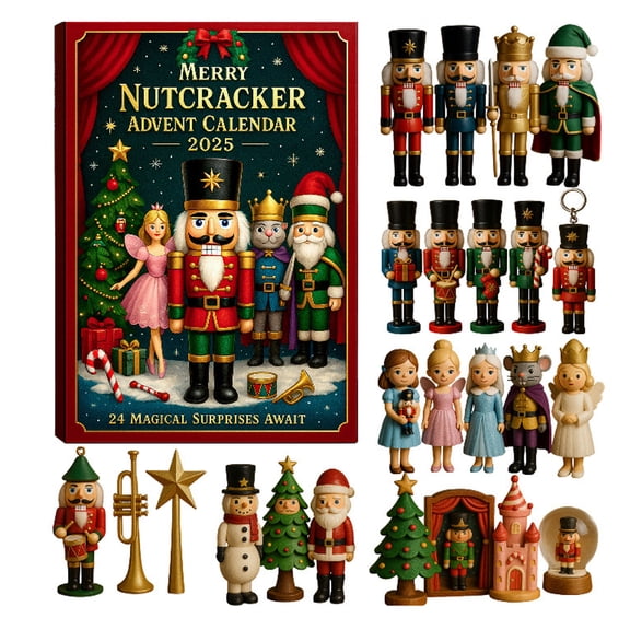 Merry Nutcracker Advent Calendar, 24 Days Christmas Countdown Calendar with Merry Nutcracker Ornaments, Cartoon Nutcrackers Soldier Figures Set, Nutcrackers Dancer Doll Christmas Tree Decorations