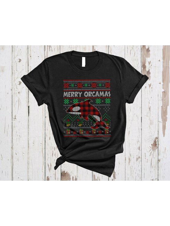 Merry Orcamas Santa Orca Killer Whale Red Plaid Christmas Cute Holiday Shirt, Size S-5XL