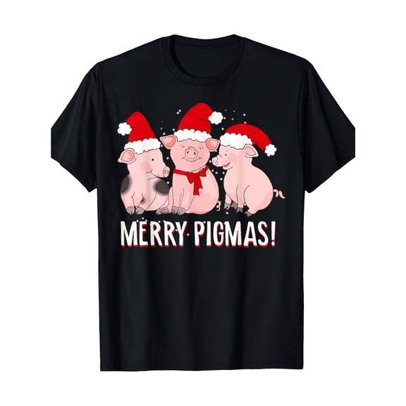 Merry Pigmas Funny Three Pigs Santa Hat Christmas Graphic Tee for Men Women, Cute Farm Animal Holiday Short Sleeve T-Shirt, Casual Crew Neck Top for Pig Lover Gift
