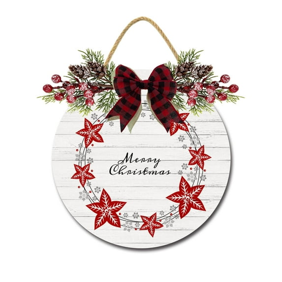 Merry Poinsettia Christmas Sign Front for Door Decoration, 11 in Round Wood Wreaths Wall Hanging Outdoor, Farmhouse, Porch, for Spring Summer Fall All Seasons Holiday Christmas