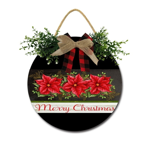 Merry Poinsettia Christmas Sign Front for Door Decoration, 11 in Round Wood Wreaths Wall Hanging Outdoor, Farmhouse, Porch, for Spring Summer Fall All Seasons Holiday Christmas