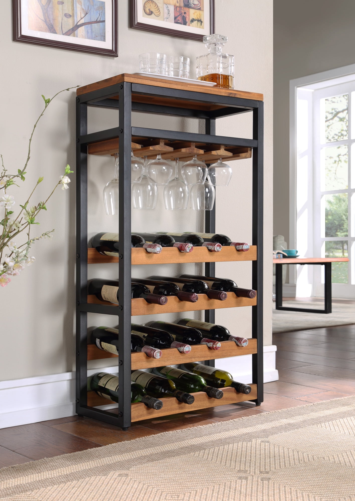 Acacia and Steel Freestanding 16-Bottle Wine Rack with Glass Holders