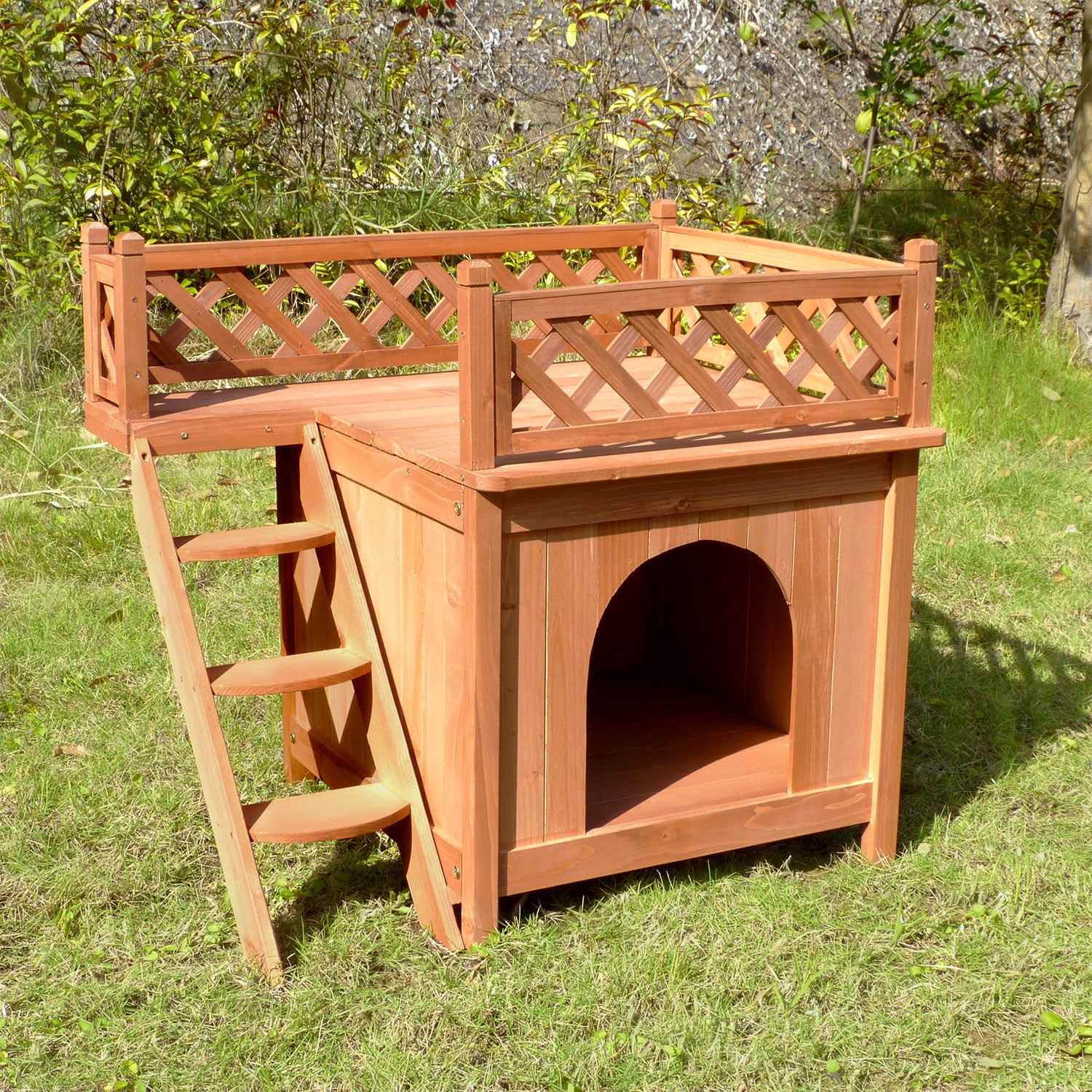 Small Cedar Stain Wooden Dog House with Rooftop Balcony