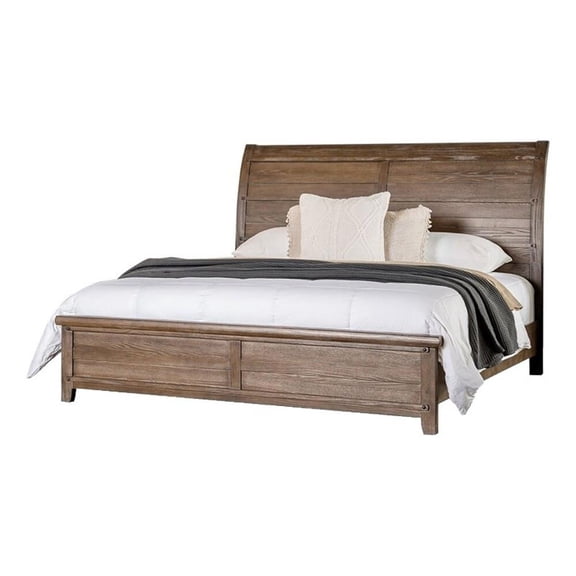 Merry Queen Bed-Curved Panel Headboard-Rivet Accents-Brown Wood