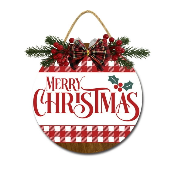Merry Red Gingham Christmas Door Hanging Sign 12 Inch Wooden Wall Sign, Rustic Holiday Wreath Decor for Front Door Porch Home Window Wall Farmhouse Decorations
