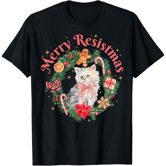 Merry Resistmas Cute Cat Wreath Christmas Political Resist Adult T-Shirt