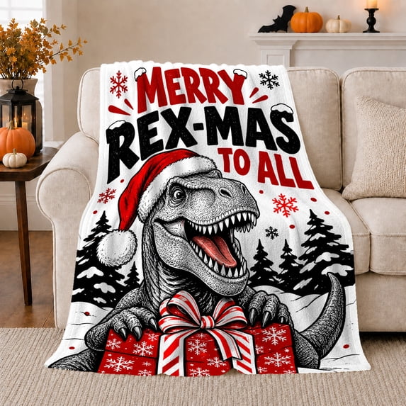 Merry Rex-Mas T-Rex Dinosaur Christmas Puns Holiday Joy, Festive Holiday Scene, Warm Flannel Blanket for Living Room and Reading Nook, Art Lovers Christmas Gift, Festive Home Decor