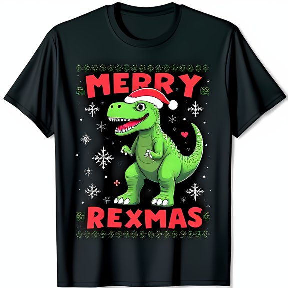 Merry Rexmas Black T-Shirt Festive in Santa Hat with Snowflakes