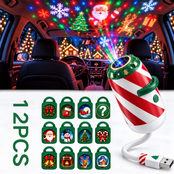 Merry Ride Christmas Car Projector Light, Candy Cane Red and White Striped USB Projector Lamp, Festive Christmas Light for Student Room Decor Funny White Elephant Stocking Stuffer