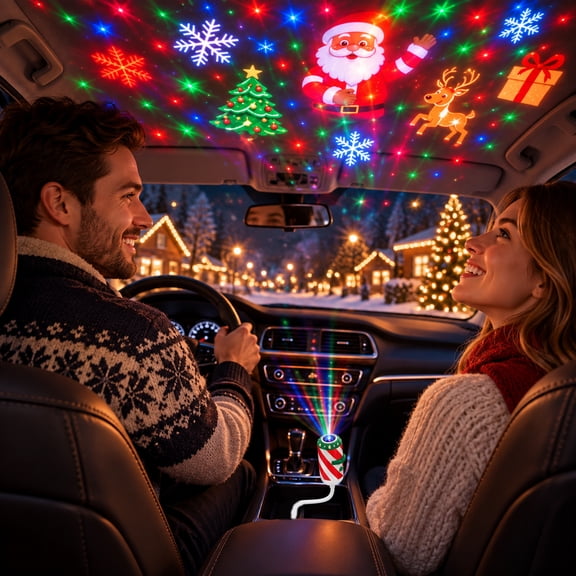 Merry Ride Christmas Car Projector Light Red White Candy Cane USB Projector Light for Car with 6 Slides, Bendable Gooseneck Christmas Atmosphere Lamp for Vehicle, Car Dashboard Holiday Decor Gift