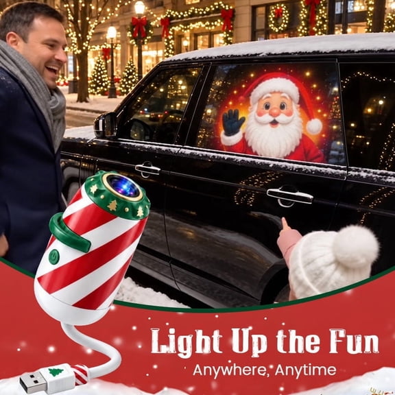 Merry Ride Christmas Car Projector Light, Red and White Striped Xmas Projector Lamp, Cute Christmas Room Decor with Star Projection Festive Holiday Light for Bedroom Teenagers
