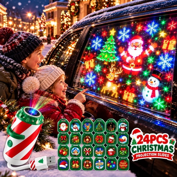 Merry Ride Christmas Car Projector Light, USB Christmas Projector for Car Interior, Window, Wall and Home Decor, Festive Projection Light (24patterns)