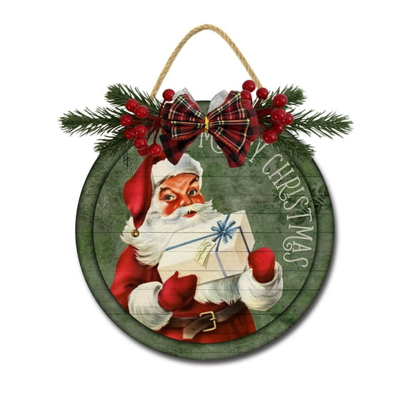 Merry Santa Christmas Sign Front Door Porch Decorations, Round Rustic Wood Hanging Sign for Farmhouse Porch Outdoor Home Holiday Front Door Sign Decor