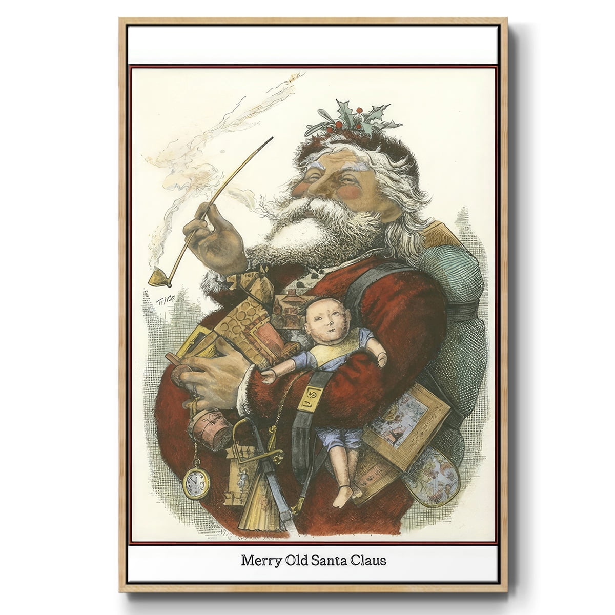 Merry Santa - Framed Gallery Wrapped Holiday Canvas - 25 x 37 - Natural Wood Frame