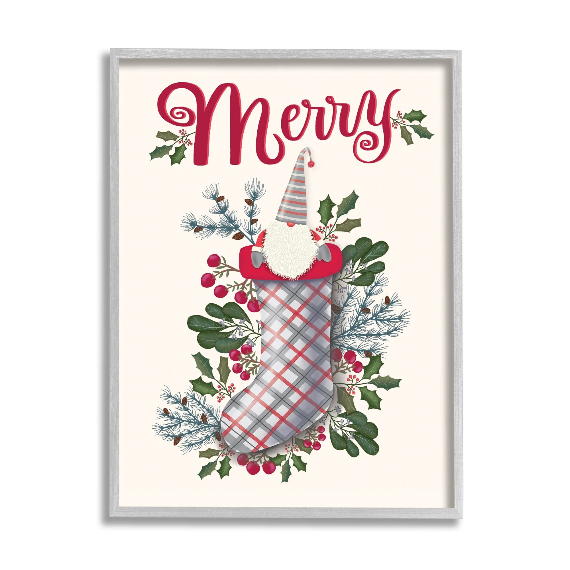 Merry Sentiment Christmas Gnome in Plaid Holly Stocking 11 in x 14 in Framed Painting Art Prints, by Stupell Home Décor