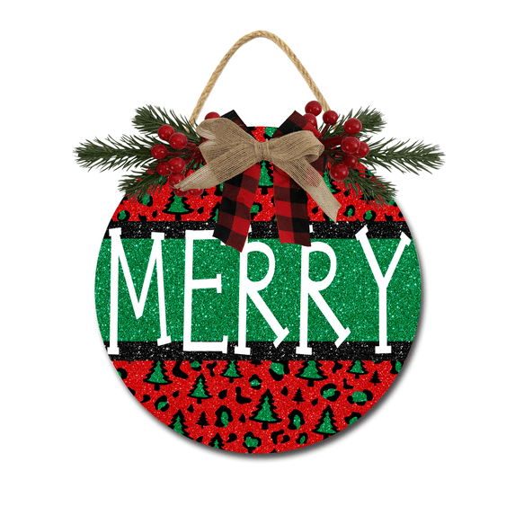 Merry Sign Front Door Porch Decorations, Round Rustic Wood Hanging Sign for Farmhouse Porch Outdoor Home Holiday Front Door Sign Decor