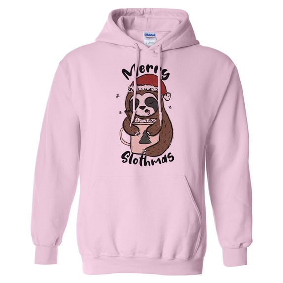 Merry Slothmas Hoodie Sweatshirt Unisex Large Pink