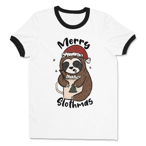 Merry Slothmas Ringer Tee Shirt Unisex 2X-Large White/Black