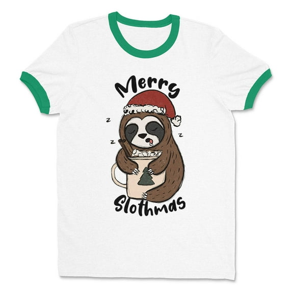 Merry Slothmas Ringer Tee Shirt Unisex Medium White/Kelly Green