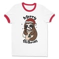thumbnail image 1 of Merry Slothmas Ringer Tee Shirt Unisex X-Large White/Red, 1 of 5