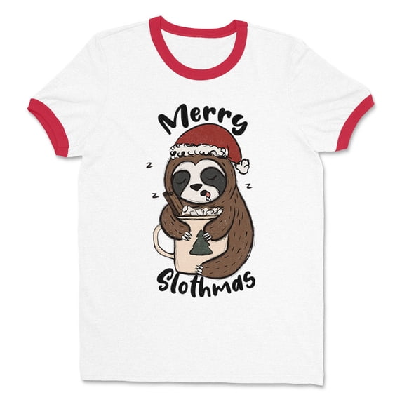 Merry Slothmas Ringer Tee Shirt Unisex X-Large White/Red