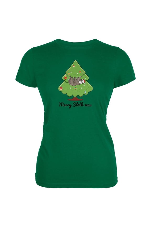 Merry Slothmas Sloth Christmas Tree Juniors Soft T Shirt Irish Green MD