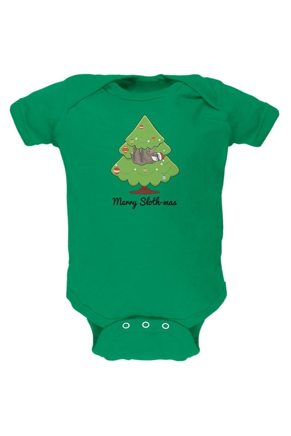 Merry Slothmas Sloth Christmas Tree Soft Baby One Piece Kelly Green 3-6 M