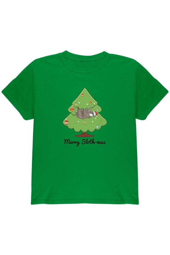 Merry Slothmas Sloth Christmas Tree Youth T Shirt Irish Green YLG